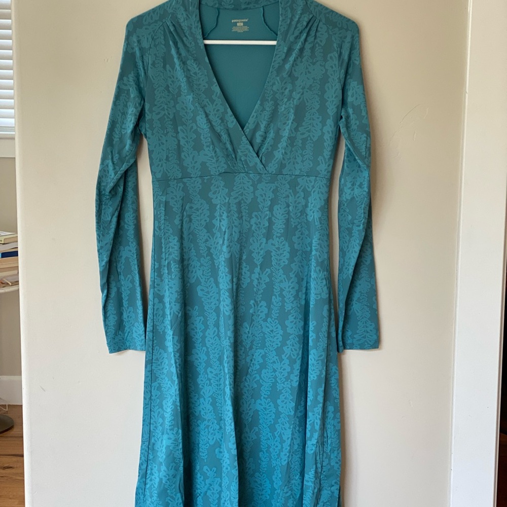 Patagonia Teal Long-Sleeve V-Neck Womens Dress